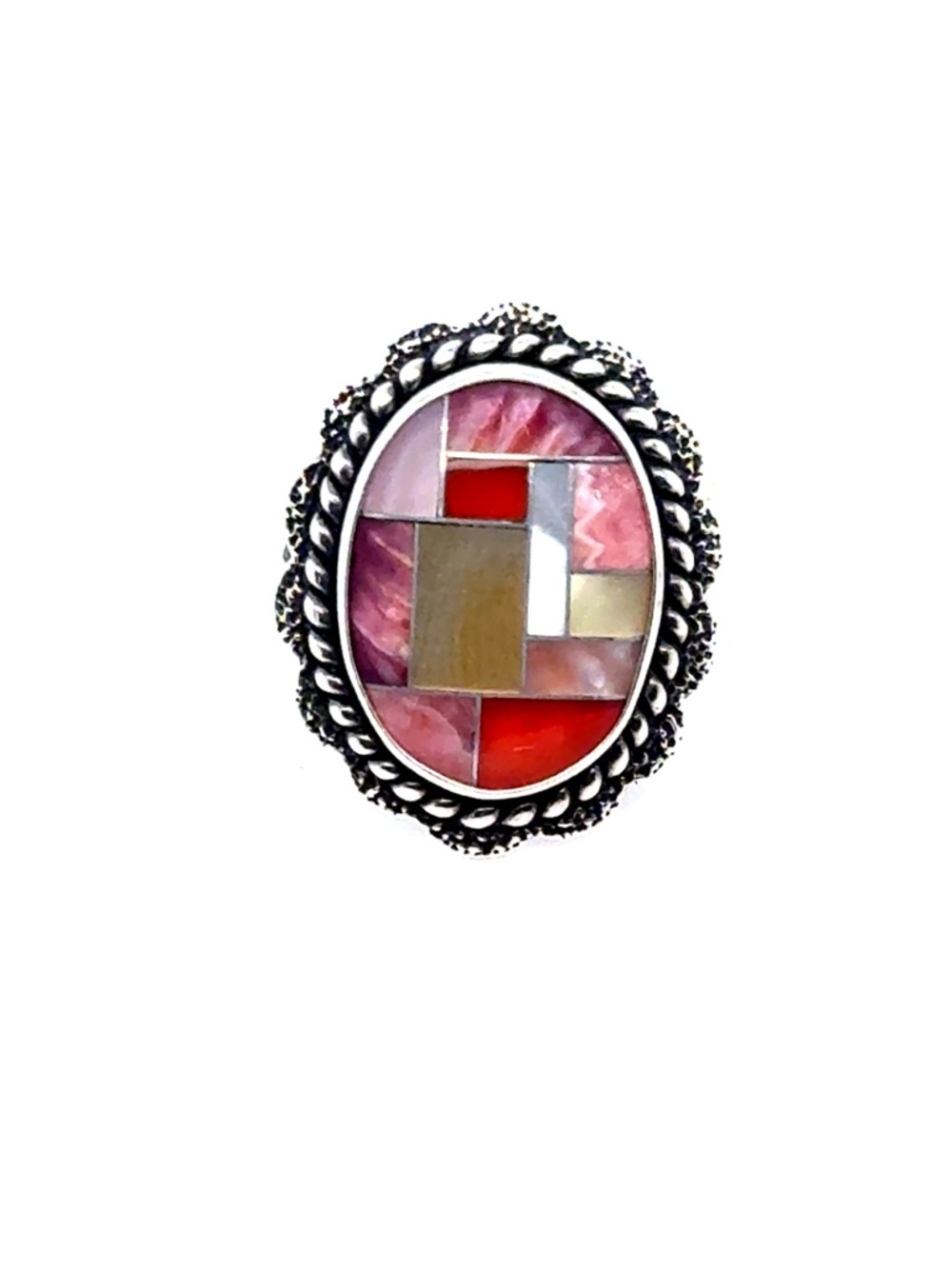 Carolyn Pollack Silver 925 Pink Red Mosaic Inlay Oval Ring